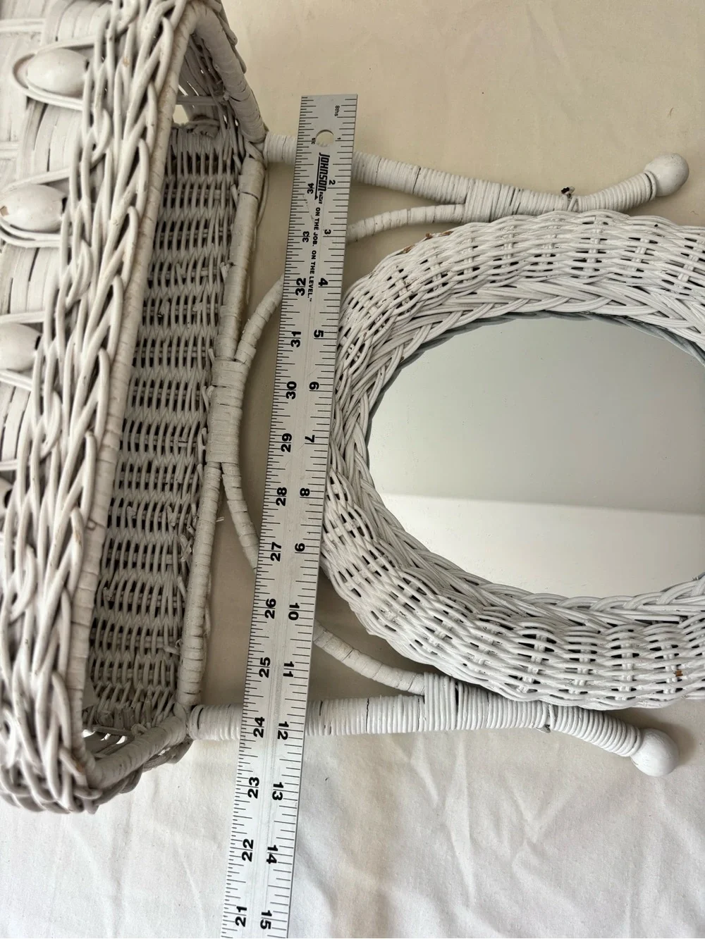 Vintage Wicker Oval Vanity Mirror with Storage - White